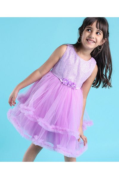 Babyhug Babyhug Sleeveless Sequinned Party Frock With Floral Corsage- Lavender