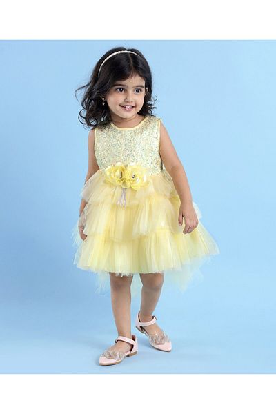 Babyhug Babyhug Woven Sleeveless Mesh Layered Flare With Tail Party Dress - Yellow