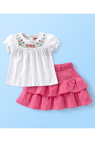 Babyhug Babyhug 100% Cotton Knit Half Sleeve Top and Skirt Set Floral Embroidery - Pink & White
