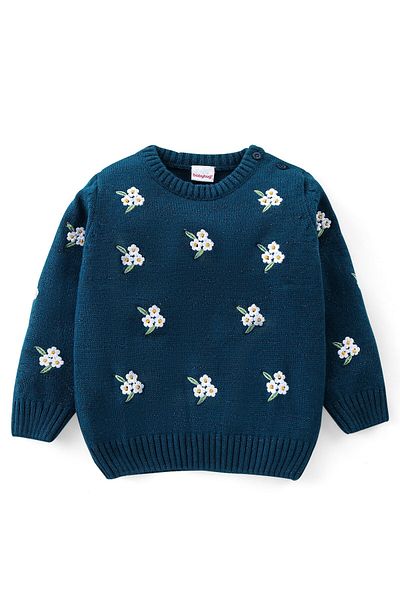 Babyhug Babyhug 100% Acrylic Knit Full Sleeves Sweater With Floral Embroidery - Navy Blue
