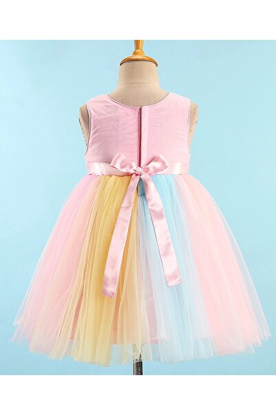 Babyhug Babyhug Sleeveless Sequinned Party Frock with Bow Applique - Pink Yellow & Blue
