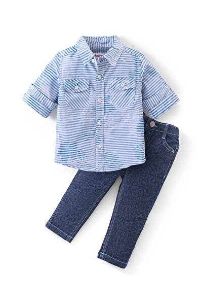 Babyhug Babyhug Full Sleeves Jacquard Striped Shirt and Denim Jeans - Blue