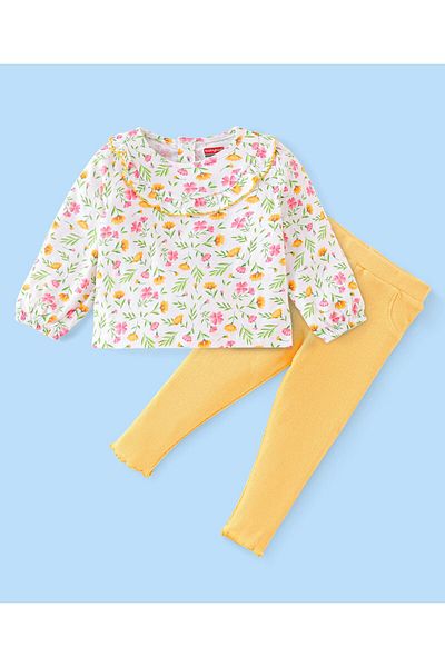 Babyhug Babyhug Single Jersey Full Sleeves Top and Legging Floral Print - White & Yellow