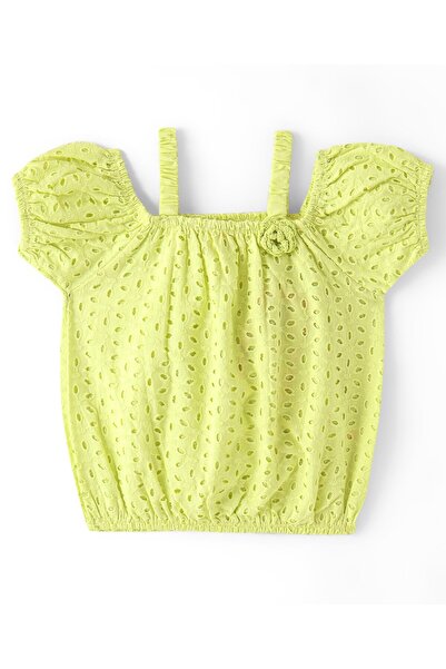Babyhug Babyhug Cotton Half Sleeve Schiffli Top With Bow Applique - Lime Green