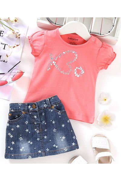 Babyoye Babyoye Puffed Sleeves Top & Denim Skirt Set Glitter Heart & Stars Print - Pink Blue