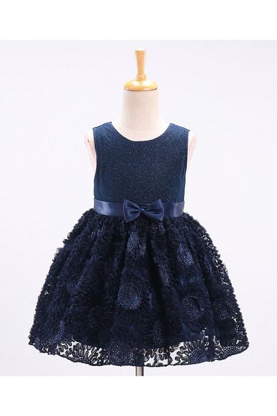 Babyhug Babyhug Mesh Sleeveless Embroidery Frock - Navy