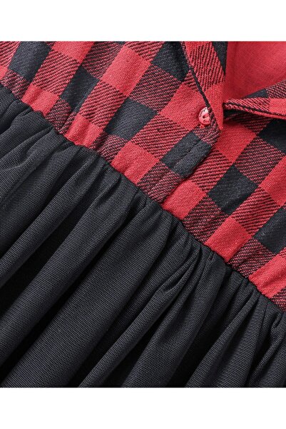 Babyhug Babyhug Cotton Woven Full Sleeves Frock With Mesh Hem & Yarndyed Checks - Red & Black