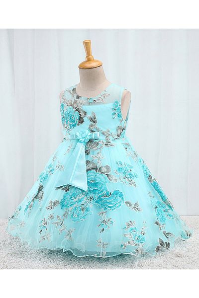 Babyhug Babyhug Sleeveless  Organza Party Frock With Floral Print & Bow Applique- Grey