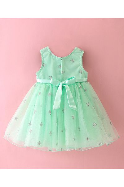 Babyhug Babyhug Sleeveless Party Frock with Sequinned Star Embroidery - Mint Blue