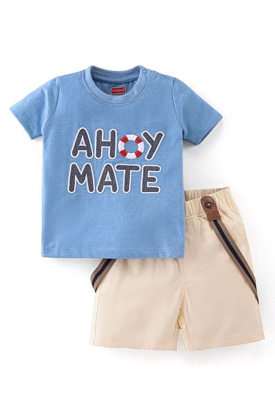 Babyhug Babyhug Cotton Knit  Half Sleeves T-Shirt & Shorts Set Text Printed - Blue