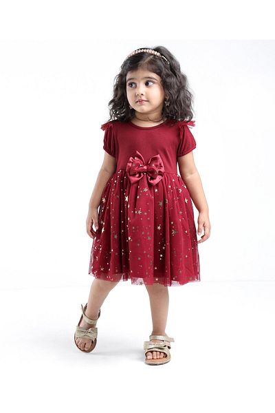 Babyhug Babyhug Woven Half Sleeves Party Frock With Bow Applique & Over Foil Print - Maroon