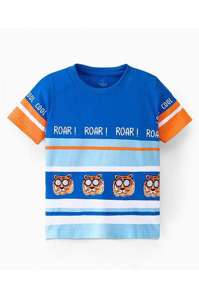 Ollington St. Ollington St. 100% Cotton Knit Half Sleeves T-Shirt & Shorts Set Tiger Print - Multicolor & Blue