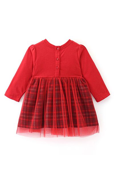 Babyhug Babyhug 100% Cotton Knit Full Sleeves Frock With Knit Yoke & Mesh Detailing Yarndyed Checks - Red