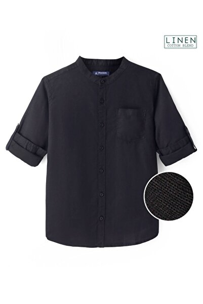 Pine kids Pine Kids Cotton Linen Woven Full Sleeves Mandarin Collar Solid Kurta Shirt - Black