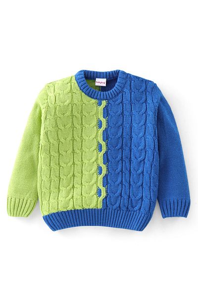 Babyhug Babyhug Knitted Full Sleeves Sweater Color Block with Cable Knit Design - Green & Blue