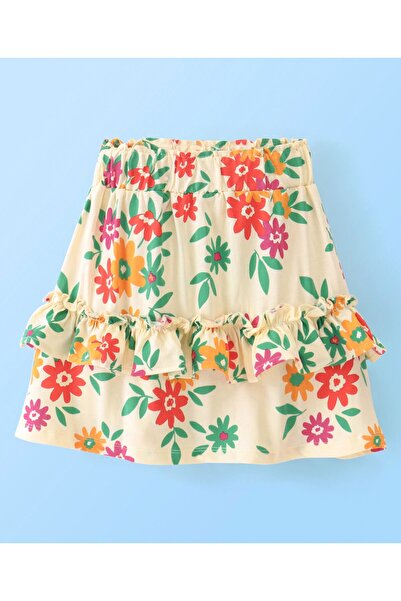 Ollington St. Ollington St. 100% Cotton Sinker Knit Full Sleeves Top & Skirt Set Floral Print - Orange & Off White