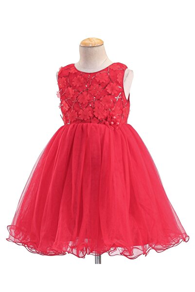 Babyhug Babyhug Sleeveless Mesh Frock with Sequin Detailing - Red