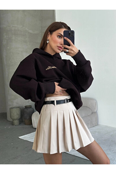 Leo Ferre Béžová celoplisovaná dámská minisukně s šortky s páskovou podšívkou