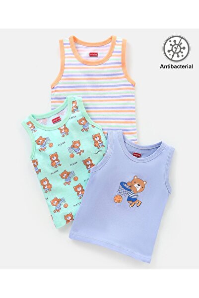 Babyhug Babyhug 100% Cotton Antibacterial Sleeveless Sando Stripes & Bear Pri...