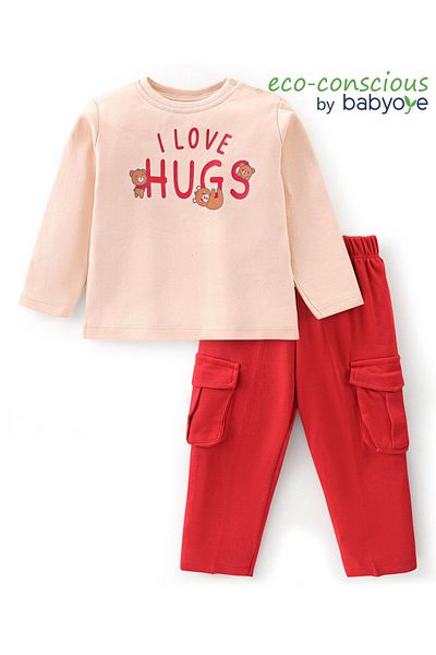 Babyoye Babyoye 100% Cotton with Eco Jiva Finish Full Sleeves Text Printed T-Shirt and Lounge Pant - Red