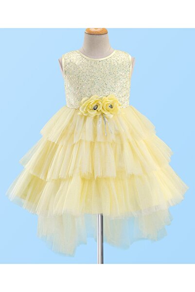 Babyhug Babyhug Woven Sleeveless Mesh Layered Flare With Tail Party Dress - Yellow
