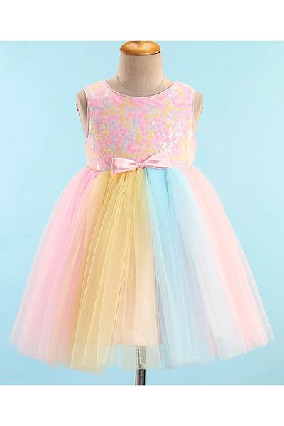 Babyhug Babyhug Sleeveless Sequinned Party Frock with Bow Applique - Pink Yellow & Blue