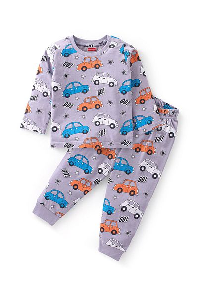 Babyhug Babyhug Cotton Knit Full Sleeves Night Suit Car Print - Purple