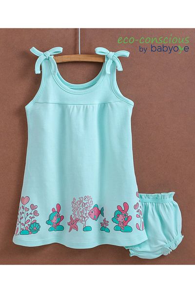 Babyoye Babyoye Sleeveless Printed Frock With Bloomer - Aqua