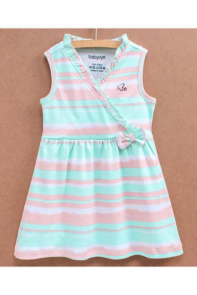 Babyoye Babyoye Sleeveless Striped Frock With Bow Applique & Bloomer - Pink