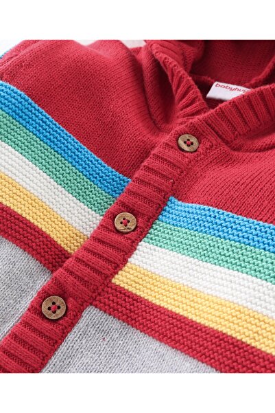 Babyhug Babyhug Full Sleeves Front Open Hooded Sweater With Stripes & Colour block Design - Red & Grey