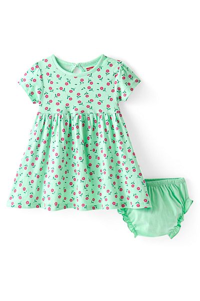 Babyhug Babyhug 100% Cotton Half Sleeves Frock & Bloomer With Floral Print - Green