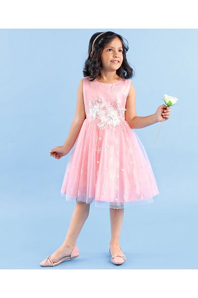 Babyhug Babyhug Sleeveless Party Wear Frock with Floral Applique - Pink