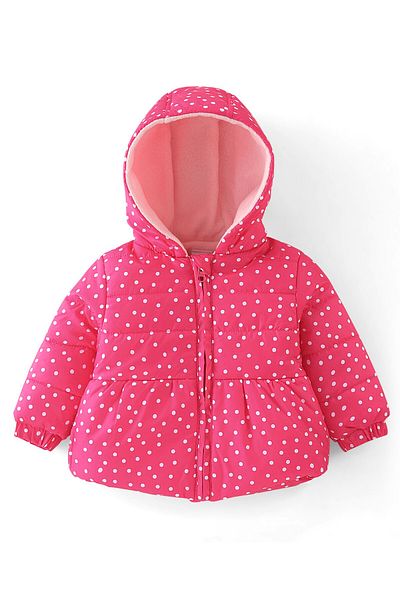 Babyhug Babyhug Full Sleeves Winter Wear Hooded Padded Jacket & Lounge Pant Polka Dot Print - Pink