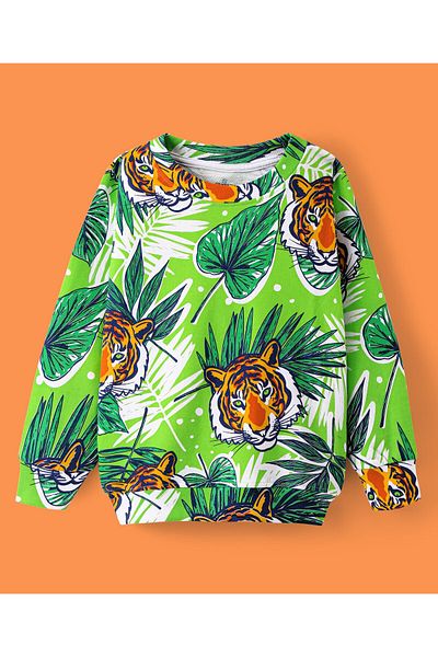Ollington St. Ollington St. 100% Cotton Knit Full Sleeves Sweatshirt & Joggers Set With Tiger Print - Green & Navy