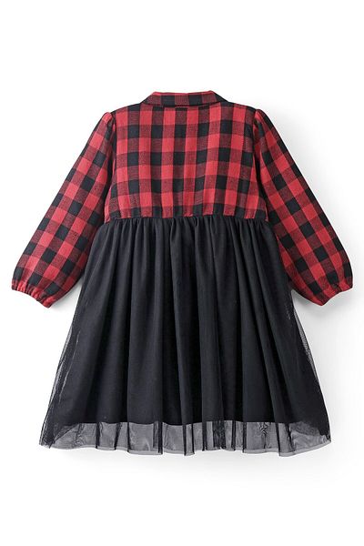 Babyhug Babyhug Cotton Woven Full Sleeves Frock With Mesh Hem & Yarndyed Checks - Red & Black