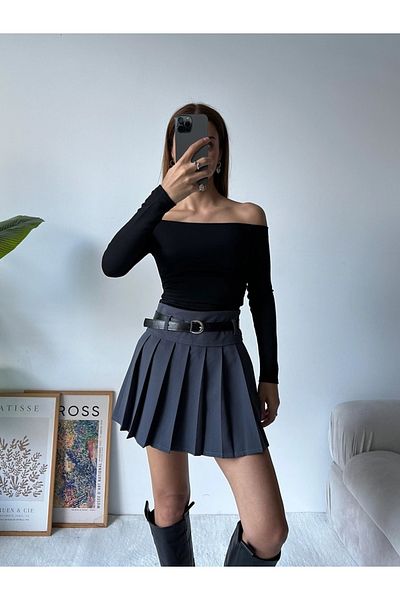 Leo Ferre Fusta mini de damă cu pliuri pline afumate și pantaloni scurți căptușiți cu centură