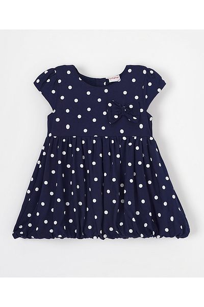 Babyhug Babyhug Woven Cap Sleeves Polka Dots Printed Frock with Bow Applique - Navy