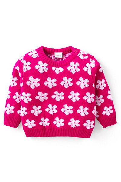 Babyhug Babyhug Knitted Full Sleeves Pullover Sweater Set With Floral Design- Pink