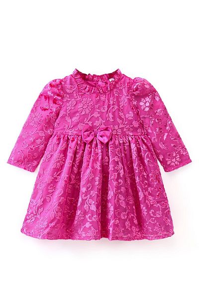 Babyhug Babyhug Full Sleeves Textured Fabric Party Frock with Bow Applique  - Fuchsia