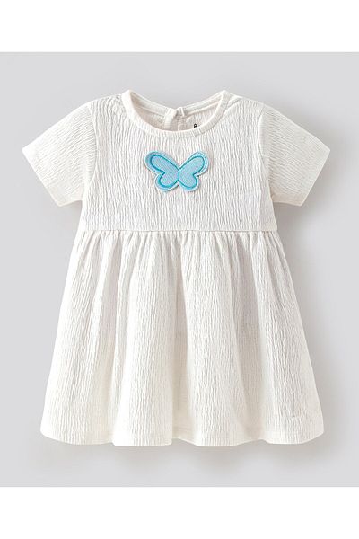 Bonfino Bonfino 100% Cotton Knit Half Sleeves Frock with Butterfly Applique - Ivory