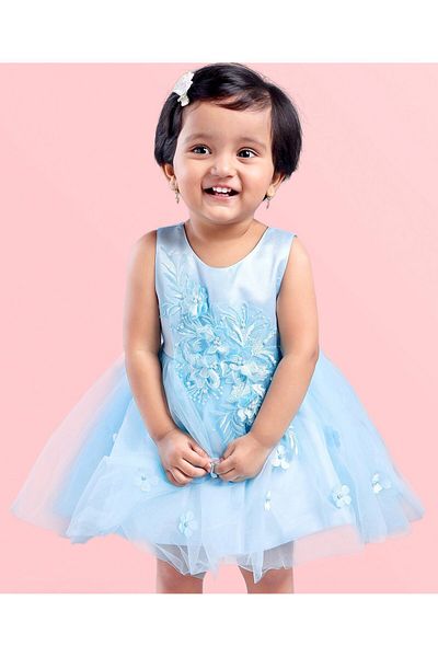 Babyhug Babyhug Floral Embroidery Party Frock - Light Blue