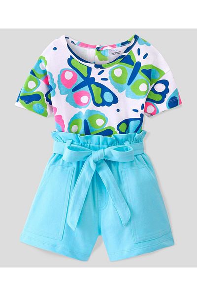 Ollington St. Ollington St. 100% Cotton Half Sleeve Butterfly Top & Shorts Set Self Fabric Belt-White & Blue