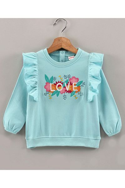 Babyhug Babyhug Full Sleeves Sweatshirt with Embroidery & Frill Detailing - Sky Blue