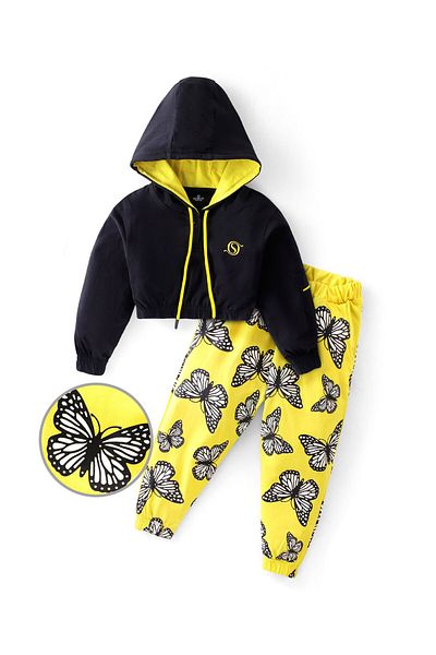 Ollington St. Ollington St. 100% Cotton Knit Full Sleeve Hooded Top & Culottes Set Butterfly Print -Black & Yellow