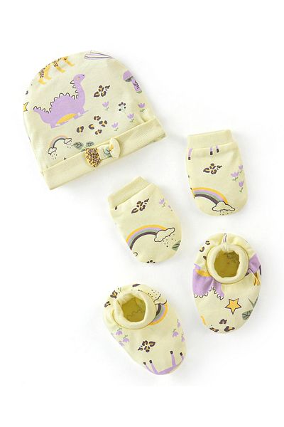 Bonfino Bonfino  100% Cotton Dino Print Cap Mittens & Booties Set Yellow - Diameter 11 cm