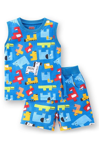 Babyhug Babyhug 100% Cotton Knit Single Jersey Sleeveless T-Shirt & Shorts Animals Print - Blue