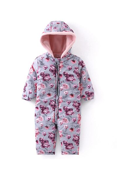Babyhug بدلة شتوية منسوجة بأكمام كاملة من Babyhug مع غطاء رأس وطبعة زهور - رمادي