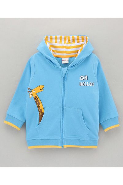 Babyhug Babyhug Full Sleeves Hooded Sweat Jacket Giraffe Print - Blue