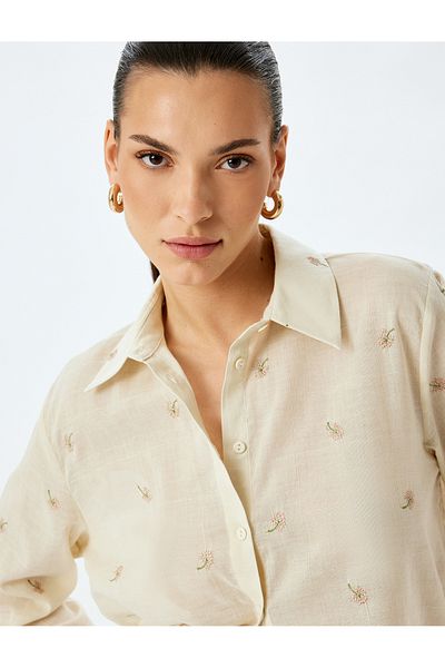 Koton Cotton Long Sleeve Floral Shirt with Embroidery Detail