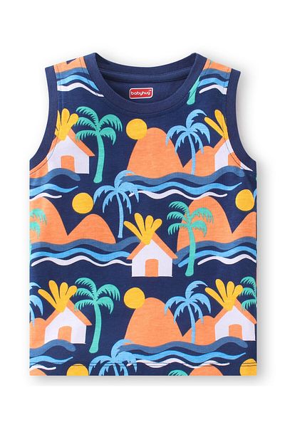 Babyhug Babyhug 100% Cotton Knit Single Jersey Sleeveless T-Shirt & Shorts Beach Theme Print - Navy Blue